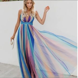 LUXXEL Vici Rainbow Tulle Maxi Dress Size Small